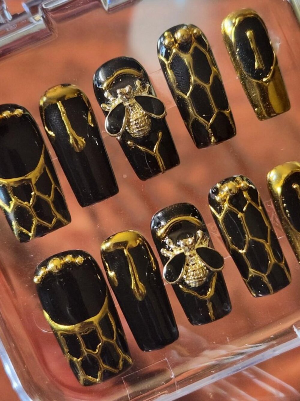 2.5 Square Black & Gold Honeycomb Bee Honey Drip Press-On Nails.